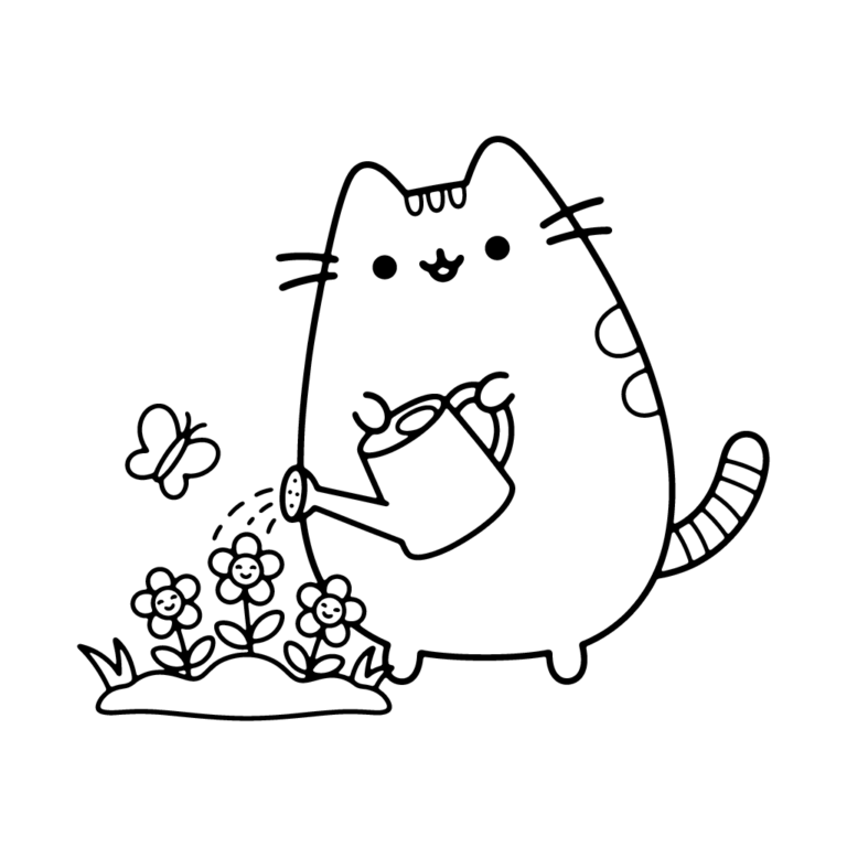 Na obrazku znajduje się uśmiechnięty kotek Pusheen, który podlewa małe kwiatki w ogródku przy pomocy konewki.
