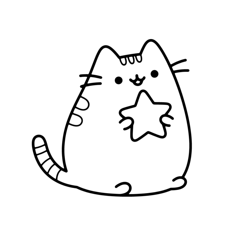 Na obrazku znajduje się uśmiechnięty kotek Pusheen trzymający w łapkach dużą, błyszczącą gwiazdkę.
