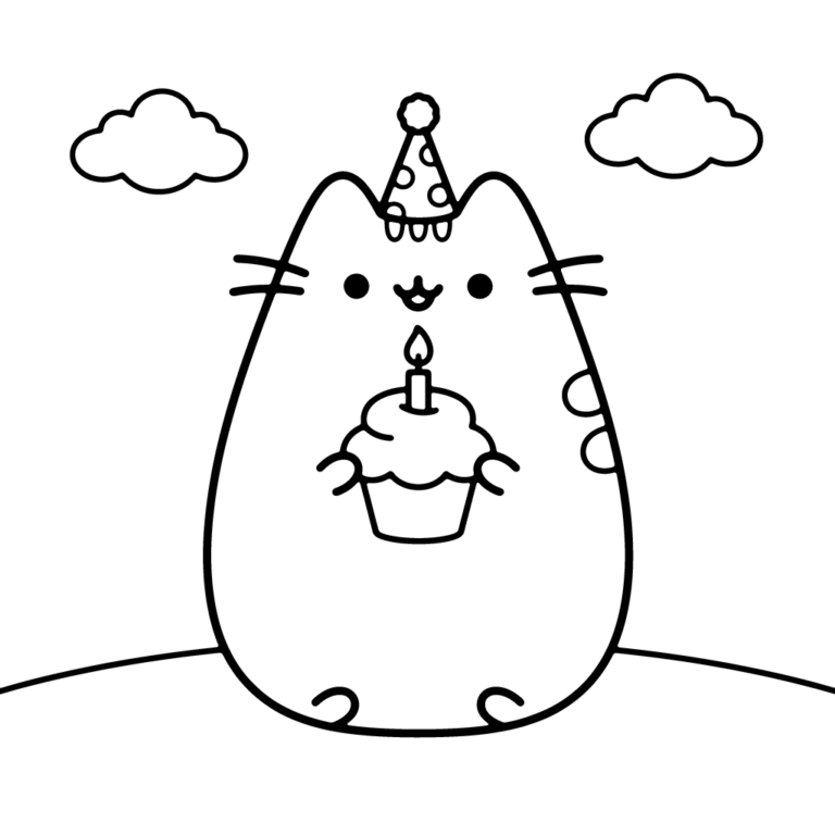 Na obrazku znajduje się uśmiechnięty kotek Pusheen w czapce urodzinowej, który trzyma w łapkach babeczkę z płonącą świeczką.