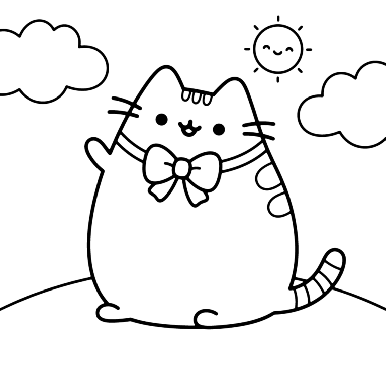 Na obrazku znajduje się uśmiechnięty kotek Pusheen z kokardką pod szyją, który siedzi na wzgórzu i wesoło macha jedną łapką na powitanie.
