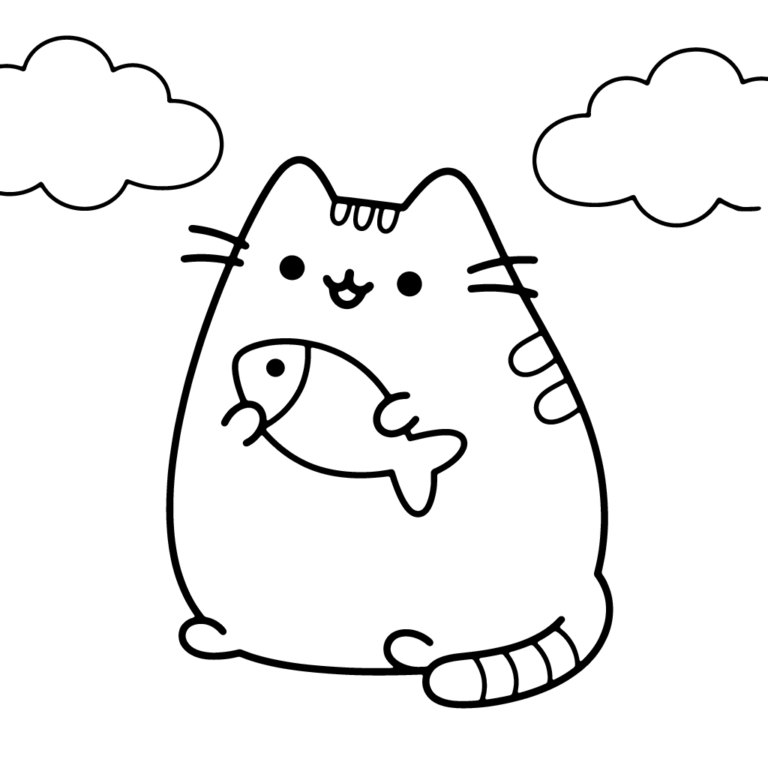 Na obrazku znajduje się uśmiechnięty kotek Pusheen, który trzyma w łapkach małą, wesołą rybkę.
