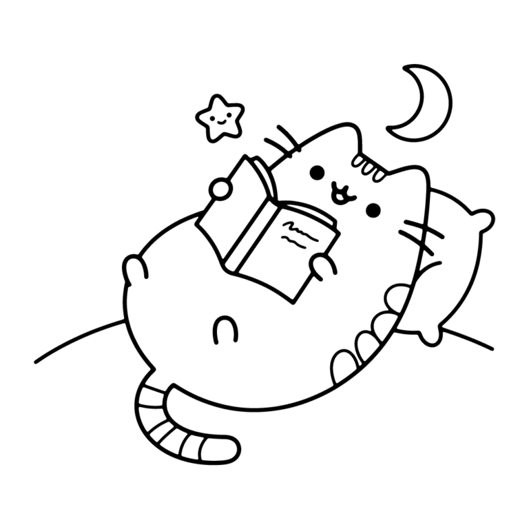Na obrazku znajduje się uśmiechnięty kotek Pusheen, który leży wygodnie na poduszce i czyta otwartą książkę, a nad nim świeci księżyc i gwiazdka.