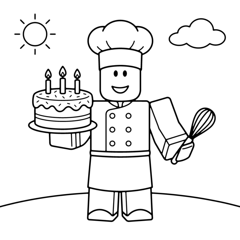 Na obrazku znajduje się uśmiechnięta postać z Roblox w czapce szefa kuchni, która w jednej ręce trzyma tort ze świeczkami, a w drugiej trzepaczkę kuchenną.