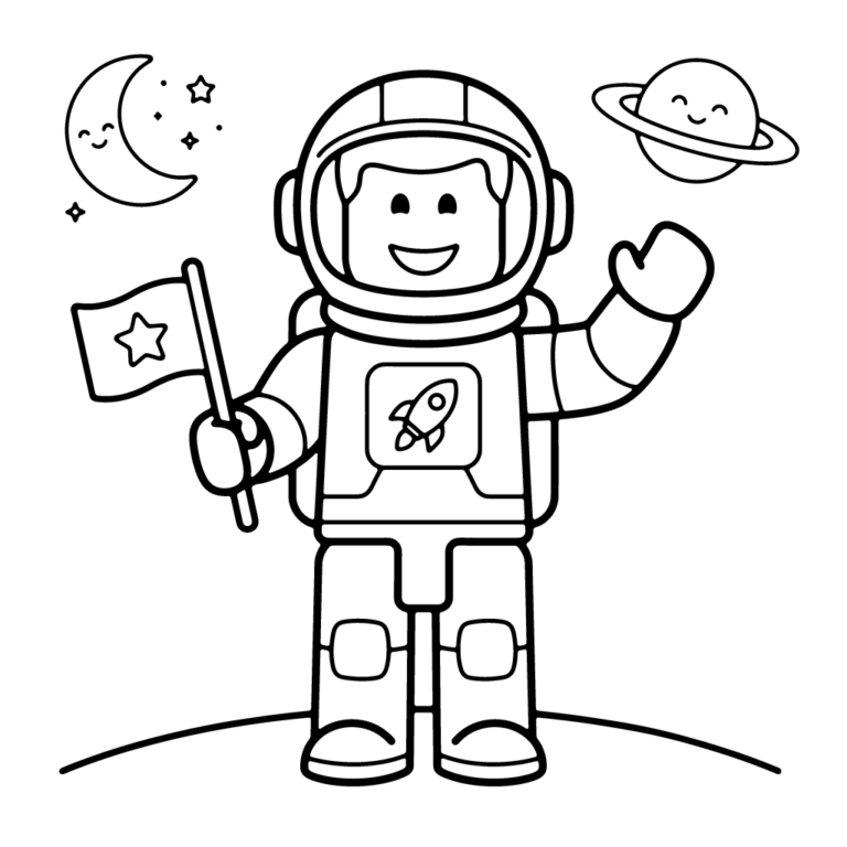 Na obrazku znajduje się uśmiechnięta postać z Roblox w stroju astronauty, stojąca na księżycu i trzymająca flagę z gwiazdką.