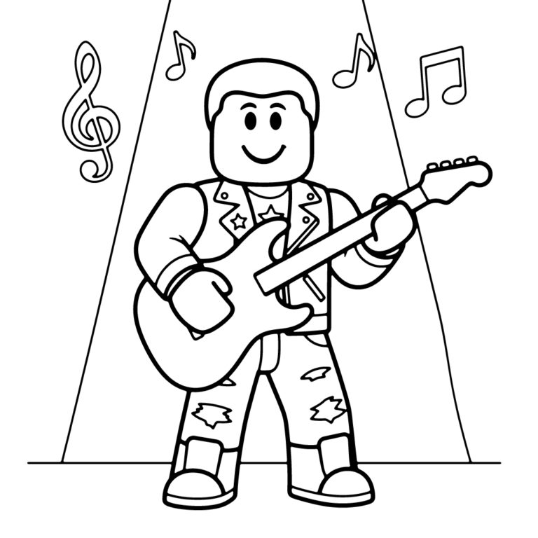 Na obrazku znajduje się uśmiechnięty awatar Roblox w skórzanej kurtce, który stoi na scenie i gra na gitarze elektrycznej pod reflektorami.