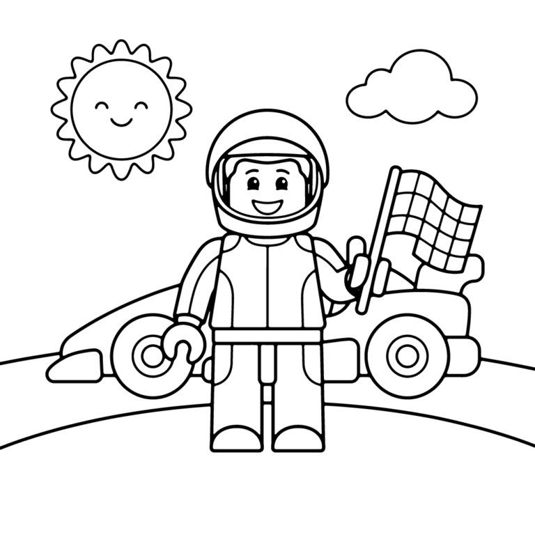 Na obrazku znajduje się uśmiechnięty awatar Roblox w stroju i kasku kierowcy wyścigowego, trzymający flagę w szachownicę, stojący obok swojego bolidu na torze, pod radosnym słoneczkiem i chmurką.