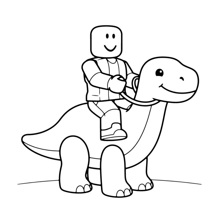 Na obrazku znajduje się uśmiechnięty awatar z Roblox siedzący na grzbiecie przyjaznego, dużego dinozaura.