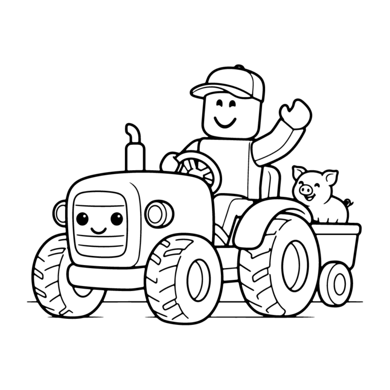Na obrazku znajduje się uśmiechnięty awatar z Roblox w czapce farmera, siedzący za kierownicą dużego traktora z przyczepką, w której jedzie mała świnka.