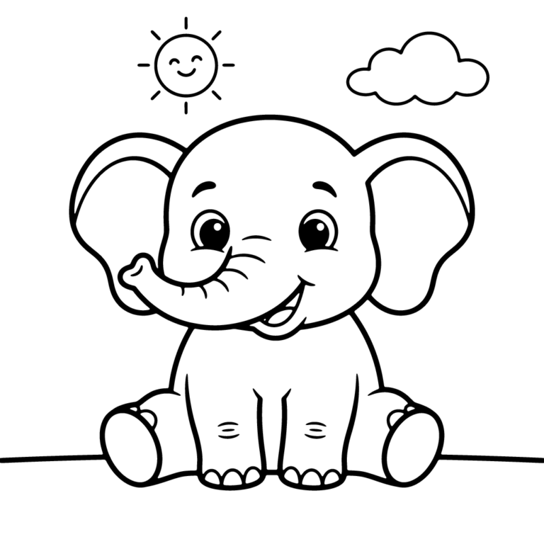 Na obrazku znajduje się siedzący na trawie uśmiechnięty słonik w otoczeniu radosnego słoneczka i chmurki.