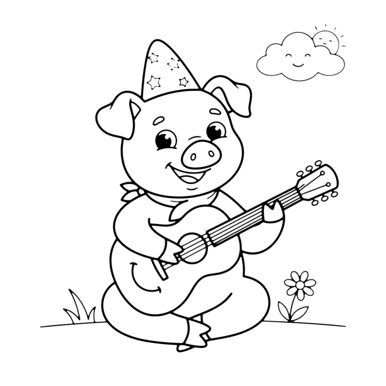 Na obrazku znajduje się wesoła świnka w czapeczce urodzinowej, siedząca na trawie i grająca na gitarze, z chmurką i kwiatkiem w tle.