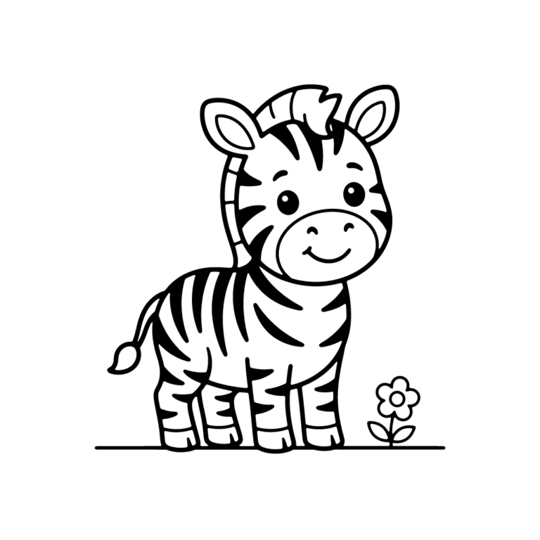 Na obrazku znajduje się uśmiechnięta mała zebra stojąca na trawie obok małego kwiatka.