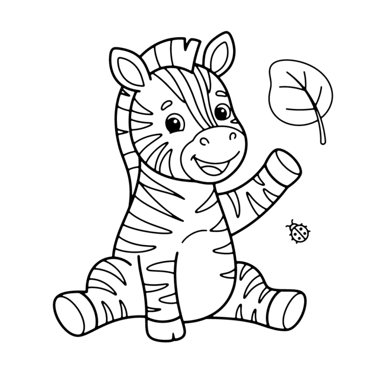 Na obrazku znajduje się siedząca, uśmiechnięta mała zebra, która wesoło macha jedną przednią nogą, a obok niej unosi się duży liść.