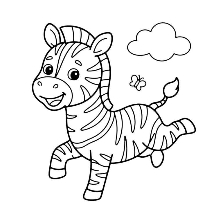 Na obrazku znajduje się wesoła mała zebra w trakcie skoku lub podskoku, z uniesionymi tylnymi nogami, obok której unosi się mały motylek i chmurka.