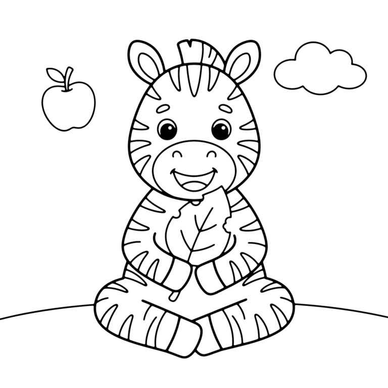 Na obrazku znajduje się siedząca uśmiechnięta mała zebra trzymająca w łapkach duży liść, obok której unosi się jabłko i chmurka.