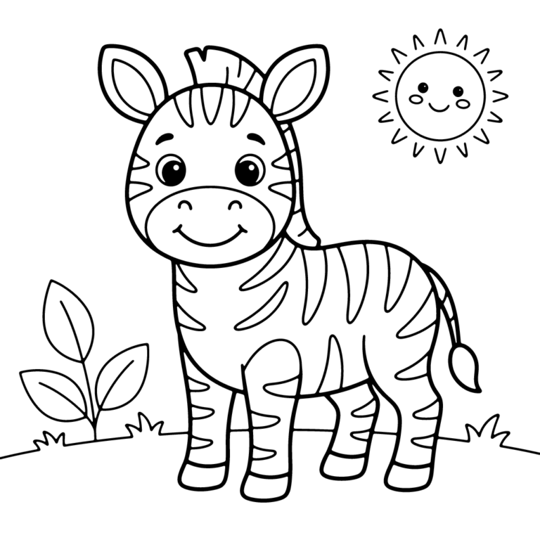 Na obrazku znajduje się uśmiechnięta mała zebra stojąca na trawie obok gałązki z listkami i radosnego słoneczka.