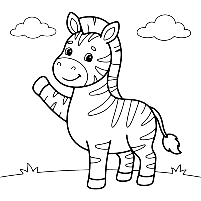 Na obrazku znajduje się duża, uśmiechnięta mała zebra stojąca na prostej łące i wesoło machająca jedną przednią nogą.