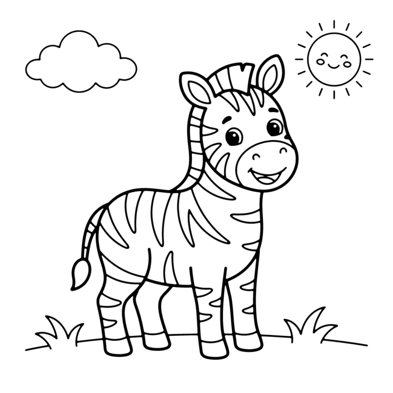 Na obrazku znajduje się uśmiechnięta mała zebra stojąca na łące, z jedną chmurką i radosnym słońcem na niebie.