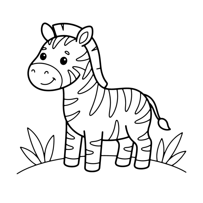 Na obrazku znajduje się uśmiechnięta mała zebra stojąca na małym zielonym wzgórzu z kępkami trawy.