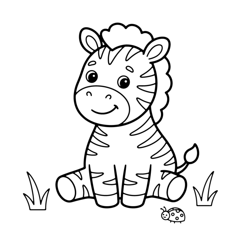 Na obrazku znajduje się uśmiechnięta mała zebra siedząca na trawie obok małej biedronki.