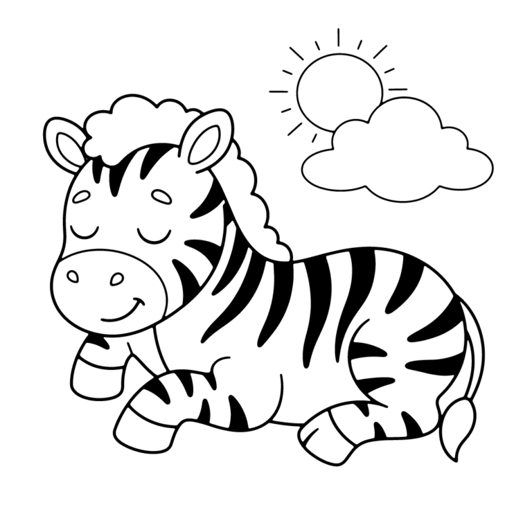 Na obrazku znajduje się uśmiechnięta mała zebra leżąca na boku z zamkniętymi oczami, a obok niej na niebie widać słońce i chmurę.