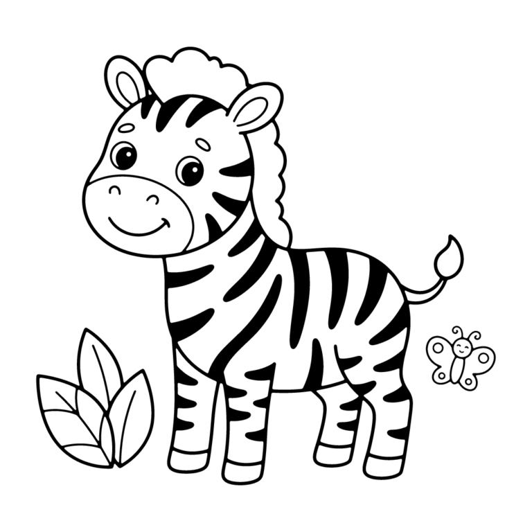 Na obrazku znajduje się uśmiechnięta mała zebra stojąca obok kępki liści i małego motyla.