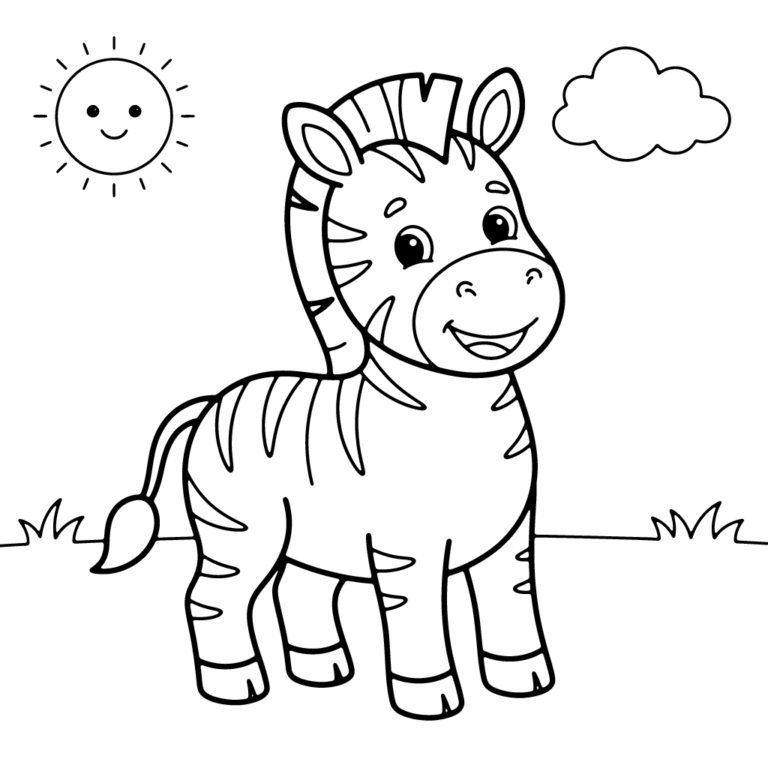 Na obrazku znajduje się uśmiechnięta mała zebra stojąca na trawie pod słońcem i chmurką.