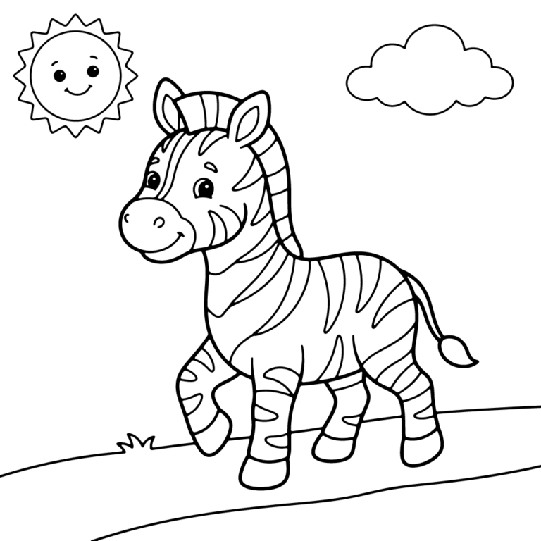 Na obrazku znajduje się uśmiechnięta mała zebra, która wesoło kroczy po prostej ścieżce.
