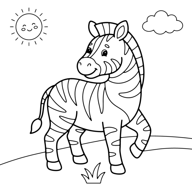 Na obrazku znajduje się uśmiechnięta mała zebra, która stoi na trawie i odwraca głowę, by spojrzeć za swoje ramię.