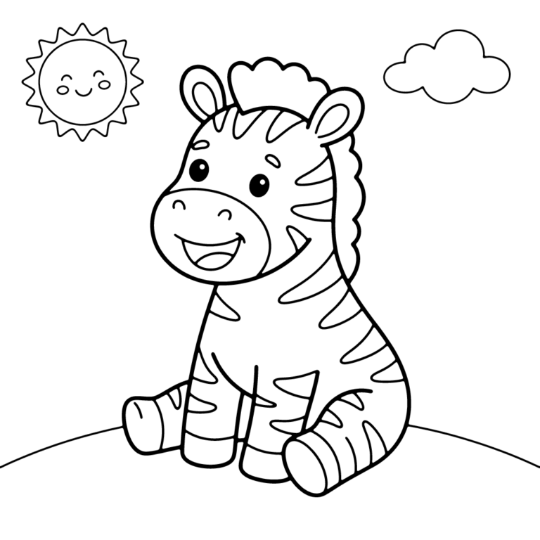 Na obrazku znajduje się uśmiechnięta mała zebra, która siedzi na trawiastym wzgórzu pod słońcem i chmurką.