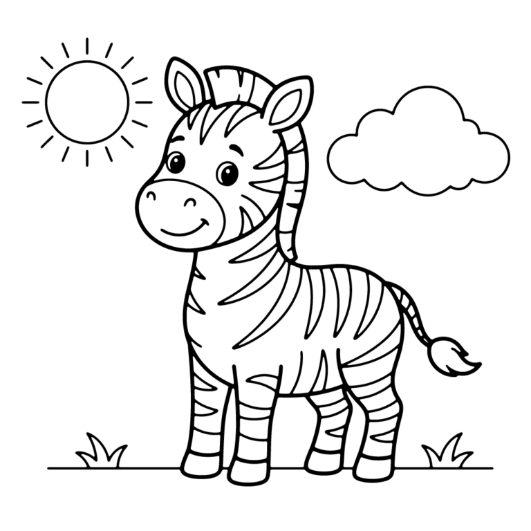 Na obrazku znajduje się uśmiechnięta mała zebra stojąca na trawie pod jasnym słoneczkiem i puszystą chmurką.