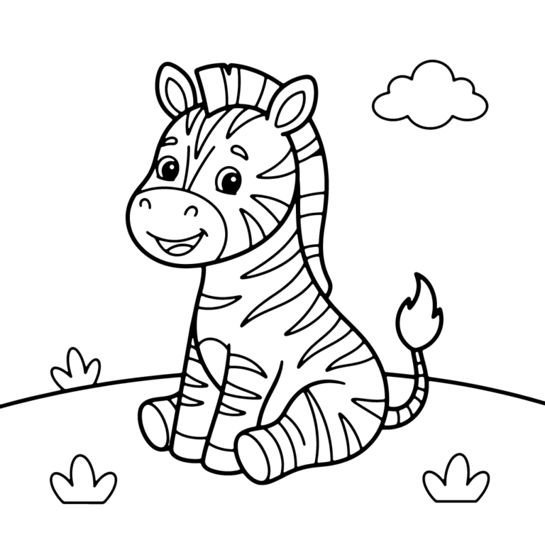 Na obrazku znajduje się uśmiechnięta mała zebra siedząca na zielonym wzgórzu pod puszystą chmurką.