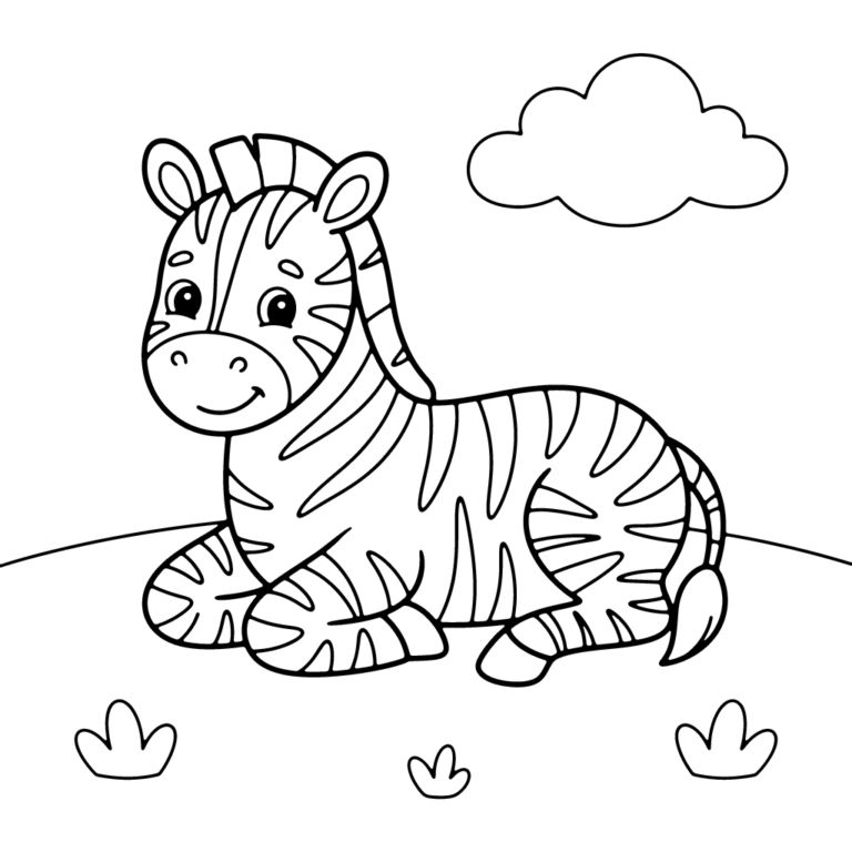 Na obrazku znajduje się uśmiechnięta mała zebra, która leży wygodnie na trawie pod puszystą chmurką.