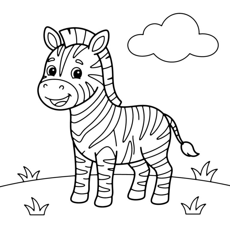 Na obrazku znajduje się uśmiechnięta mała zebra, która stoi na zielonej trawie pod puszystą chmurką.