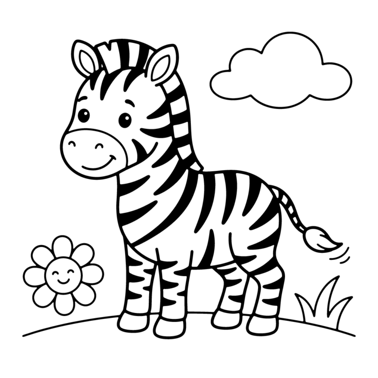 Na obrazku znajduje się wesoła mała zebra stojąca na trawie obok uśmiechniętego kwiatka i puszystej chmurki.