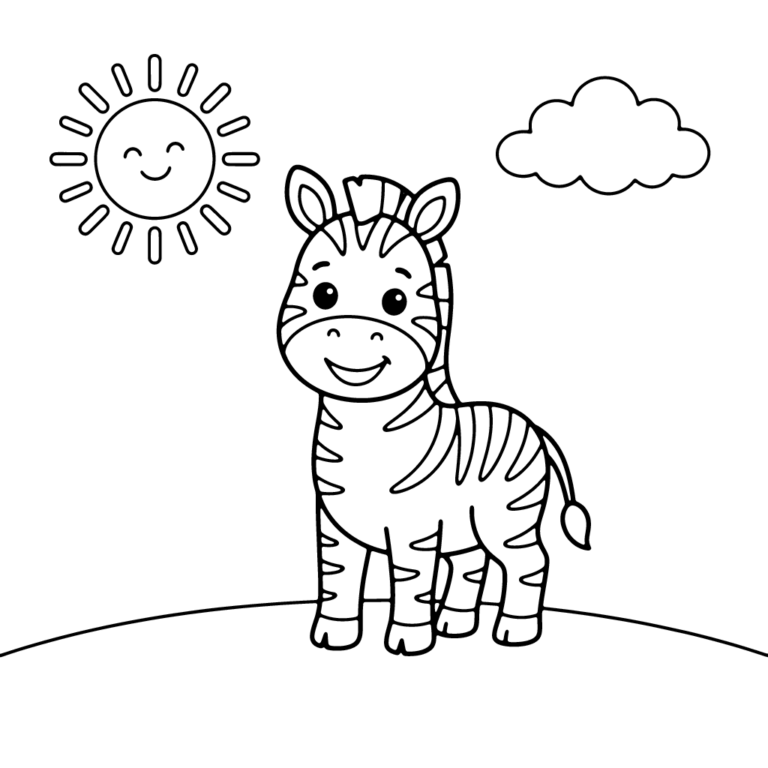 Na obrazku znajduje się mała, uśmiechnięta zebra stojąca na trawie pod uśmiechniętym słońcem i chmurką.