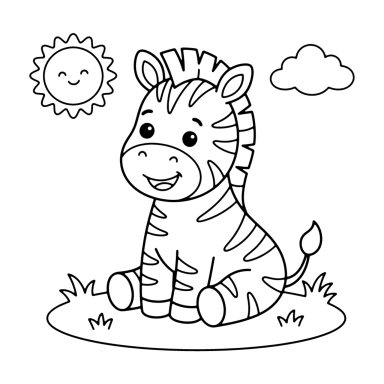 Na obrazku znajduje się siedząca na trawie mała zebra w otoczeniu uśmiechniętego słońca i chmurki.