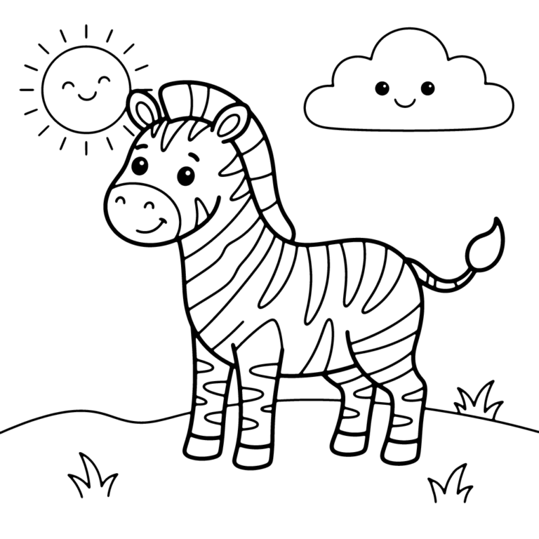 Na obrazku znajduje się przyjazna, uśmiechnięta mała zebra stojąca na trawie w towarzystwie roześmianego słoneczka i puszystej chmurki.
