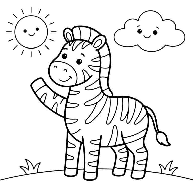 Na obrazku znajduje się uśmiechnięta mała zebra stojąca na łące i przyjaźnie machająca przednią łapką w górę.