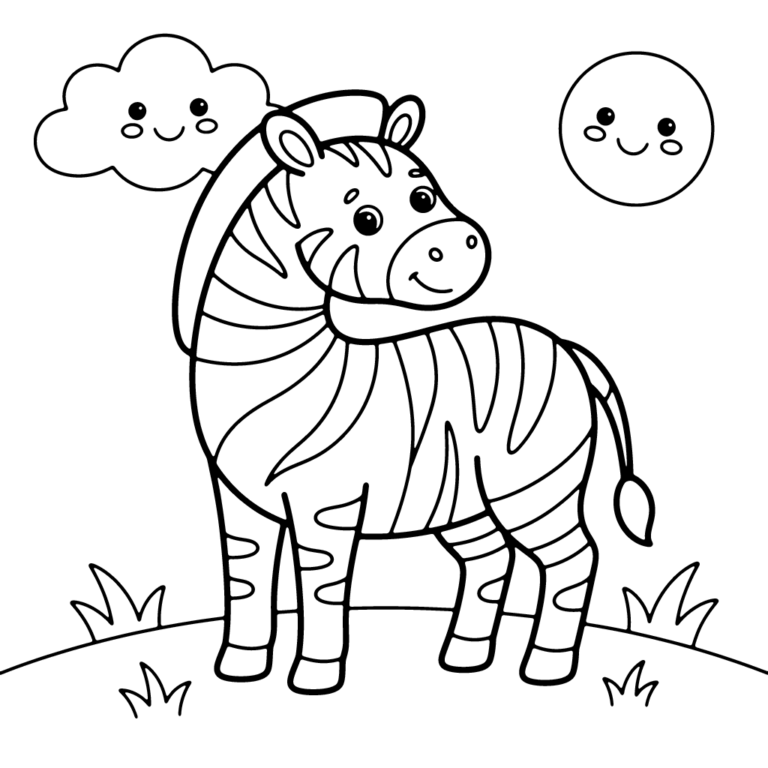 Na obrazku znajduje się uśmiechnięta mała zebra z podniesioną głową, która stoi na łące i patrzy w stronę dużego, roześmianego słoneczka, mając za sobą puszystą chmurkę.