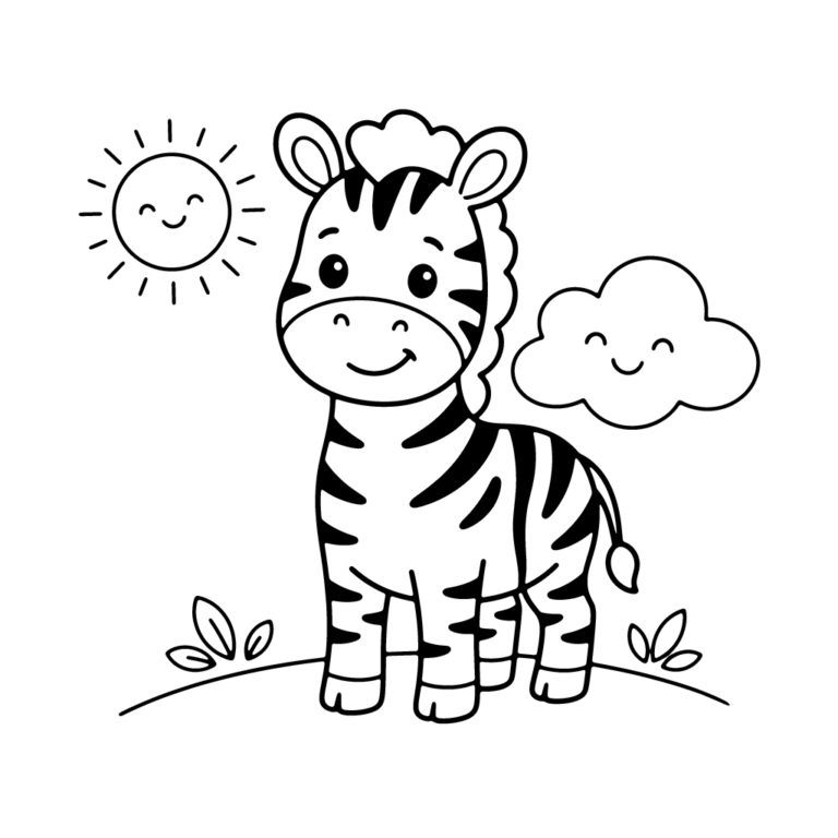 Na obrazku znajduje się uśmiechnięta mała zebra stojąca na trawie w towarzystwie radosnego słoneczka i chmurki.