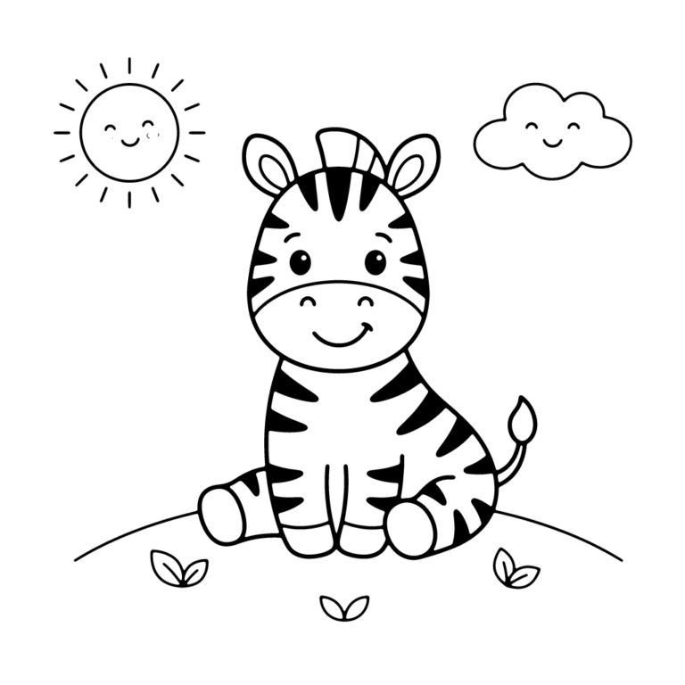Na obrazku znajduje się siedząca mała zebra na tle trawy, radosnego słoneczka i chmurki.