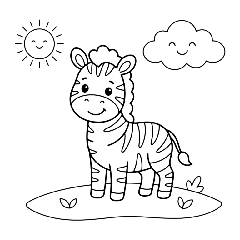 Na obrazku znajduje się uśmiechnięta mała zebra stojąca na trawie pod radosnym słoneczkiem i chmurką.