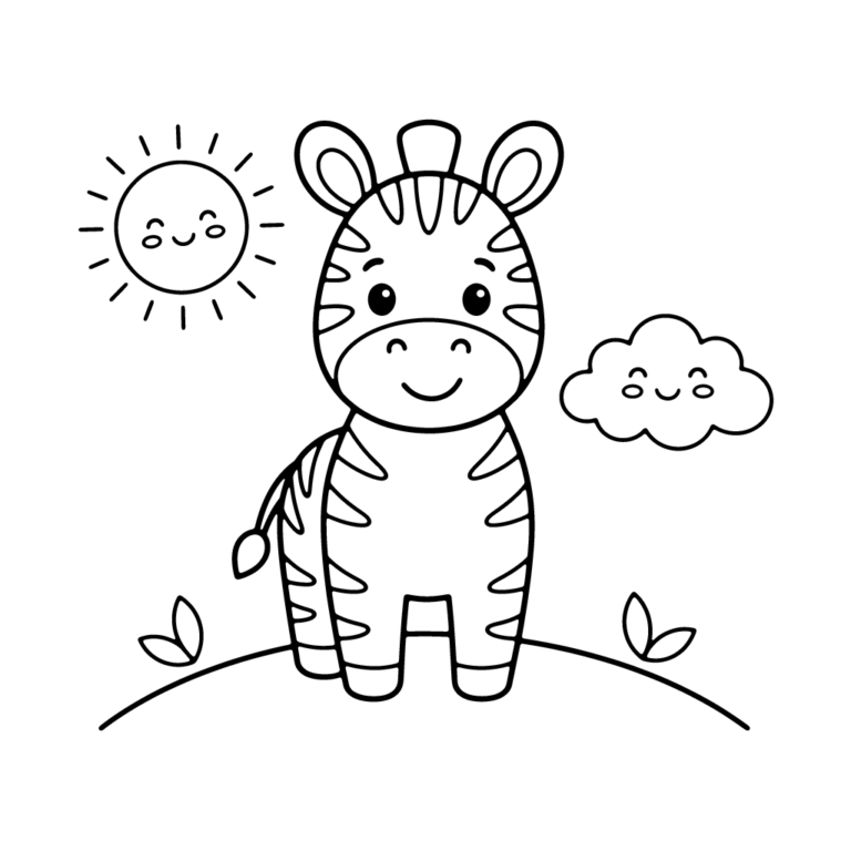 Na obrazku znajduje się uśmiechnięta mała zebra na trawie, która wesoło macha łapką, a nad nią świeci słonko i unosi się chmurka.