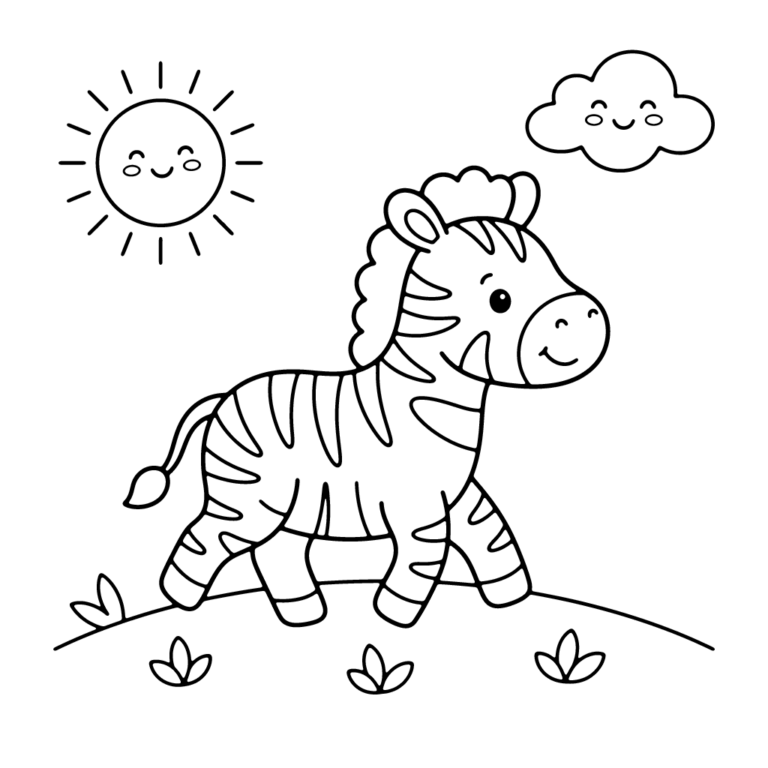 Na obrazku znajduje się uśmiechnięta mała zebra wędrująca po trawie w towarzystwie radosnego słoneczka i chmurki.