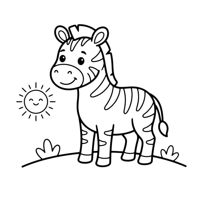 Na obrazku znajduje się stojąca na trawie uśmiechnięta mała zebra, obok której świeci przyjazne słoneczko z buzią.