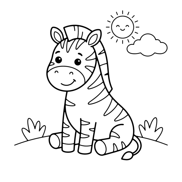 Na obrazku znajduje się siedząca na trawie mała zebra z uśmiechem, obok której na niebie świeci uśmiechnięte słońce i puszysta chmurka.