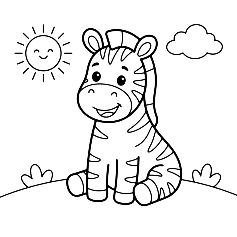 Na obrazku znajduje się siedząca na trawie uśmiechnięta mała zebra, nad którą świeci wesołe słońce i unosi się puszysta chmurka.