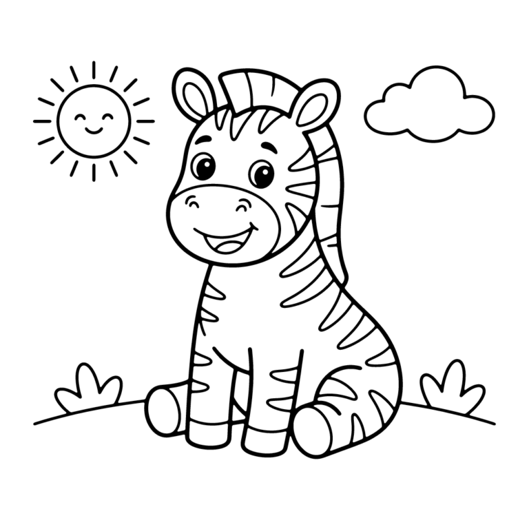Na obrazku znajduje się siedząca na trawie mała zebra z uśmiechniętą buzią, nad którą świeci słońce i unosi się chmurka.