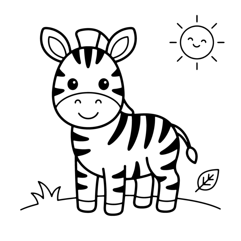 Na obrazku znajduje się uśmiechnięta mała zebra stojąca na trawie pod uśmiechniętym słoneczkiem.