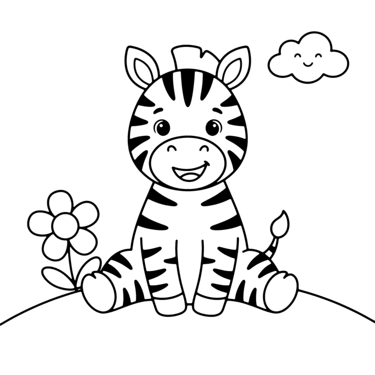 Na obrazku znajduje się uśmiechnięta mała zebra siedząca na trawie obok kwiatka, z uśmiechniętą chmurką w tle.
